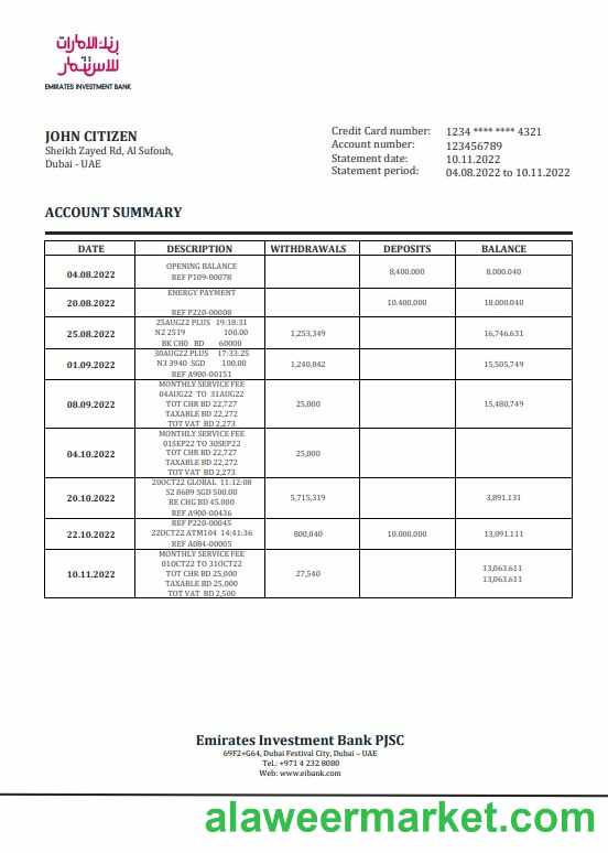 United Arab Emirates Investment Bank statement template in Word and PDF format